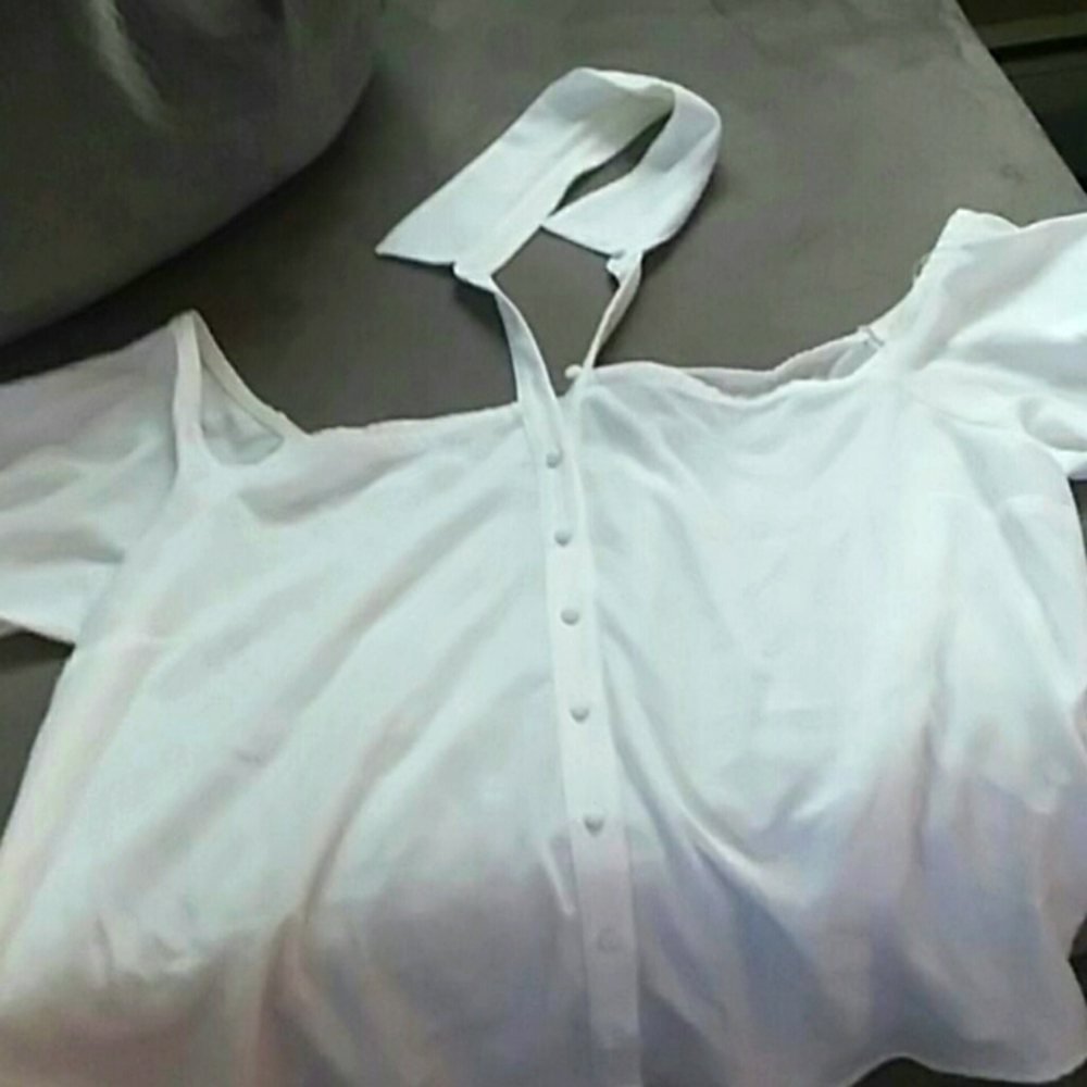 Open back button up collar halter top blouse